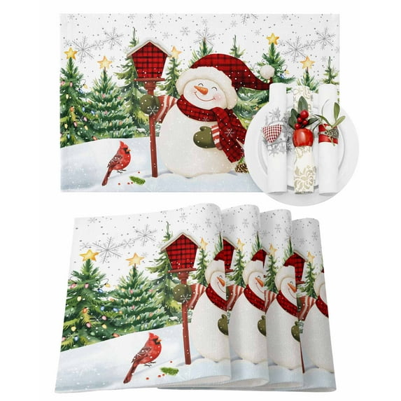 Christmas Snowman Placemats Set of 2 Xmas Tree Forest Snowflake Winter Snowing Heat Insulation Washable Place Mats, Rustic Non-Slip Table Mats for Dining Table Party Kitchen Decor,13x19 Inch