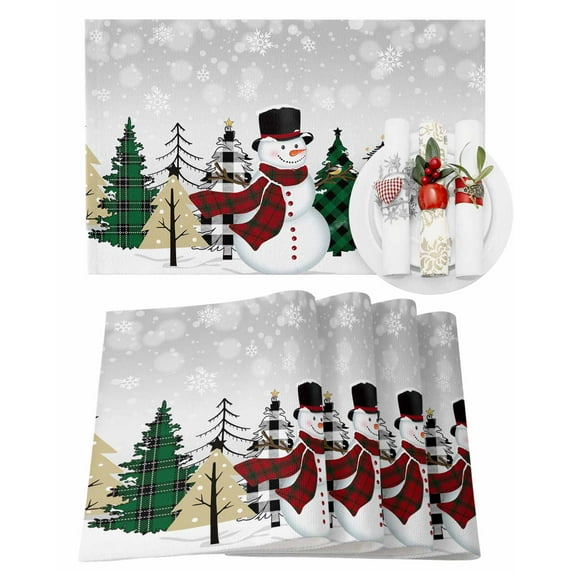 Christmas Snowman Placemats Set of 6 Green Buffalo Plaid Xmas Tree Grey Heat Insulation Washable Place Mats, Rustic Non-Slip Table Mats for Dining Table Party Kitchen Decor,13x19 Inch