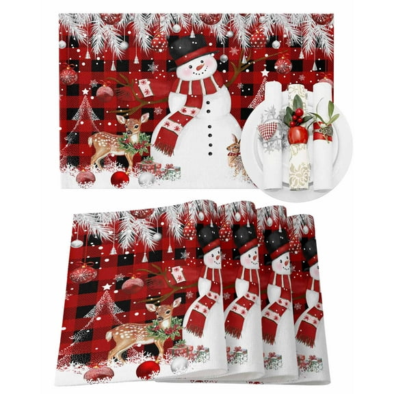 Christmas Snowman Placemats Set of 6 Silver Pine Leaves Black Red Buffalo Plaid Heat Insulation Washable Place Mats, Rustic Non-Slip Table Mats for Dining Table Party Kitchen Decor,13x19 Inch