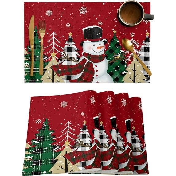 Christmas Snowman Placemats Set of 6 Christmas Tree Placemat,Non Slip Washable Farmhouse Red Table Mats Set Winter Snowflake Table Placemats for Kitchen Dining Table,Holiday Party Xmas Decoration