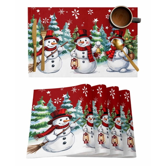 Christmas Snowman Placemats Set of 6 Winter Pine Snowflakes Red Retro Art Heat Insulation Washable Place Mats, Rustic Non-Slip Table Mats for Dining Table Party Kitchen Decor,13x19 Inch