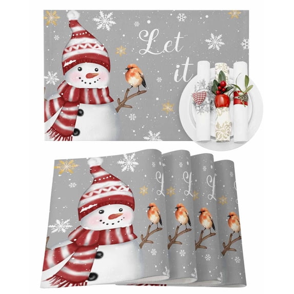 Christmas Snowman Placemats Set of 8 White Gold Snowflake Branch Bird Gray Heat Insulation Washable Place Mats, Rustic Non-Slip Table Mats for Dining Table Party Kitchen Decor,13x19 Inch