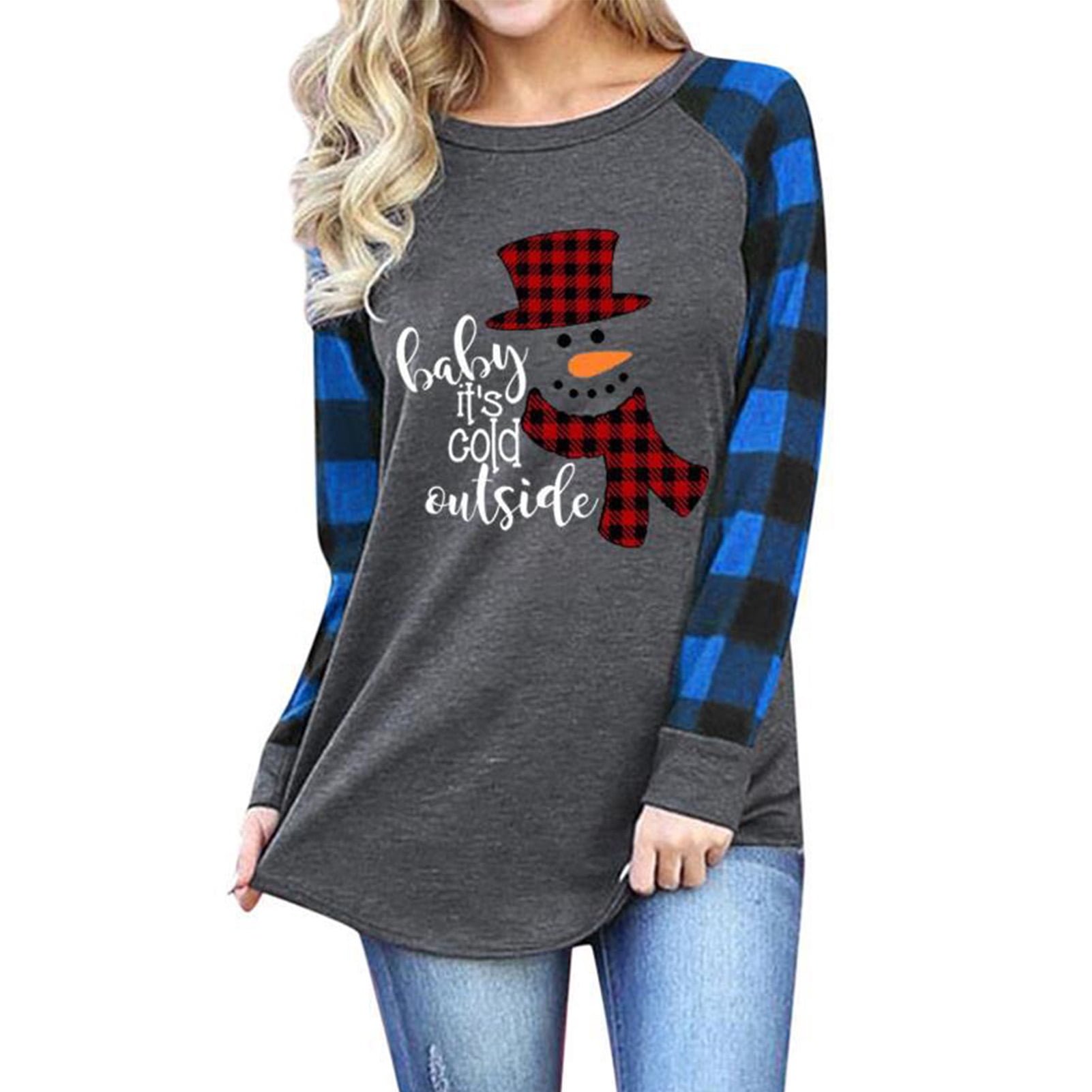 Deerose Women's Christmas Plaid Raglan Tunic Shirt - Long Sleeve, Relaxed Fit, Holiday Top