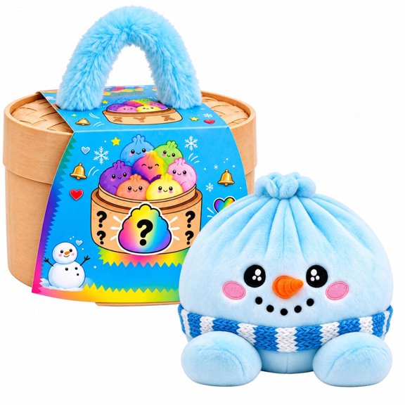Christmas Snowman Plush Dumpling Toy with Bamboo Steamer Basket, Cute Stuffed Light Blue Bao Bun with Scarf, Soft Squishy Stress Relief Fidget, Holiday Desk Decor Gift for Adults