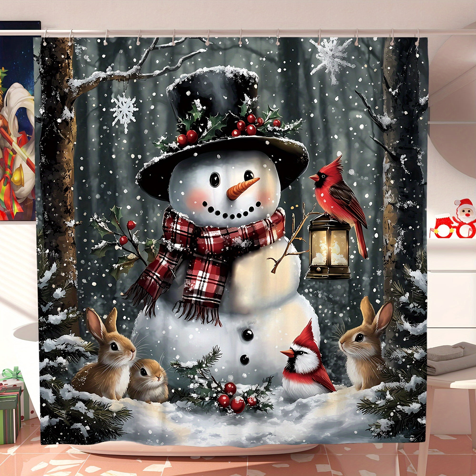 Christmas Snowman Polyester Shower Curtain Set, Funny Cute Red White Winter Cardinal Holly Polyester Machine Washable with 12 Hooks 72x72 inch