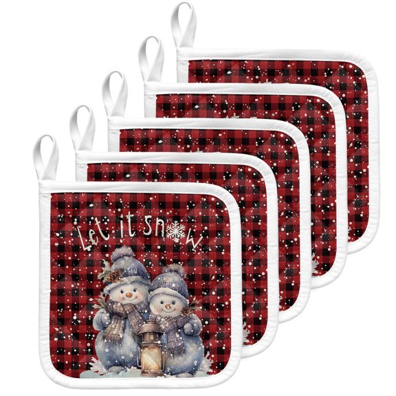 Christmas Snowman Pot Holders for Kitchen Heat Insulation Potholder, Winter Snowflake Red Black Plaid Kitchen Pot Holders Sets Washable Oven Hot Pads Cloth Trivet for Cooking Baking 5 Pack