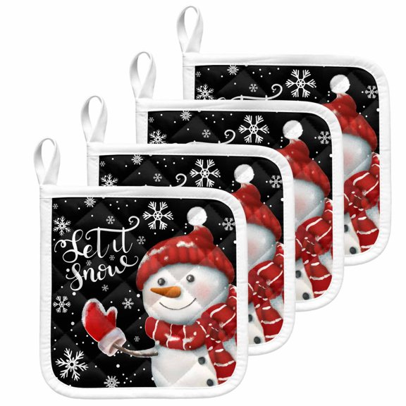 Christmas Snowman Pot Holders for Kitchen Heat Insulation Potholder, Xmas Winter Snowflake Classic Black Kitchen Pot Holders Sets Washable Oven Hot Pads Cloth Trivet for Cooking Baking 4 Pack