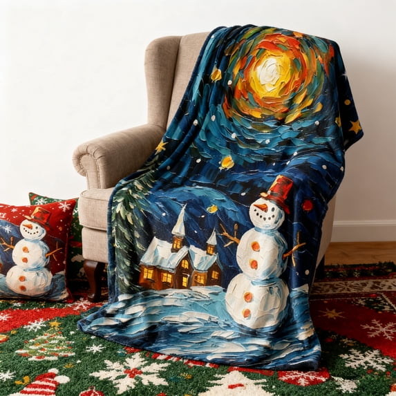 Christmas Snowman Print Double-Sided Blanket, Soft Comfortable Flannel Throw with "Merry Christmas" Design, Warm Cozy Blanket for Bedrooms, Sofas, and Naps, Vibrant Digital Print, D, 1pcs
