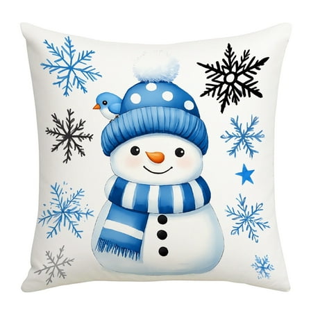 Christmas Snowman Printing Pillow, 17.72"x17.72" Blue Holiday Pillow Cover, Soft Xmas Home Decor for Sofa and Bed