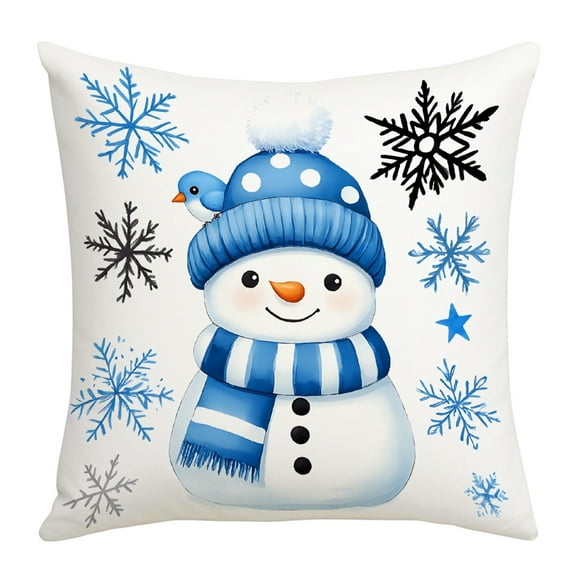 Christmas Snowman Printing Pillow, 17.72"x17.72" Blue Holiday Pillow Cover, Soft Xmas Home Decor for Sofa and Bed