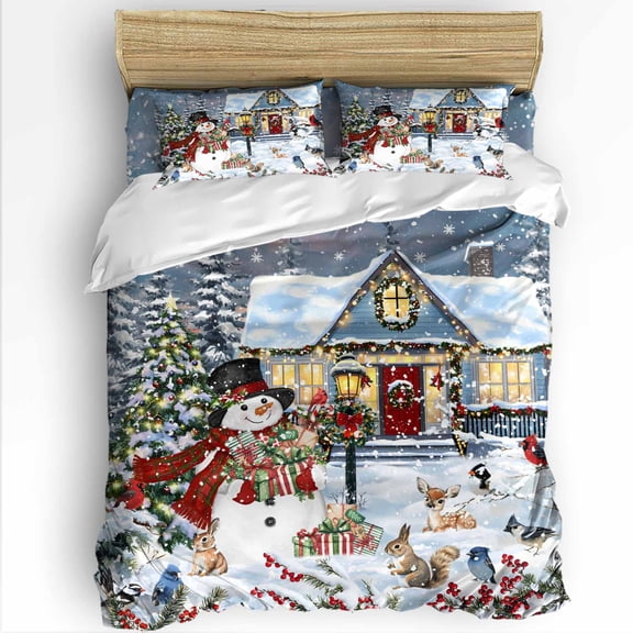 Christmas Snowman Queen Size Comforter Set, House Xmas Tree Winter Deer Rabbit Snowflake Bedding for All Seasons, 4 Pcs Bed Set with 1Comforter (90"x92") ,1 Sheet(94"x116"), 2 Pillowcases (19"x29")