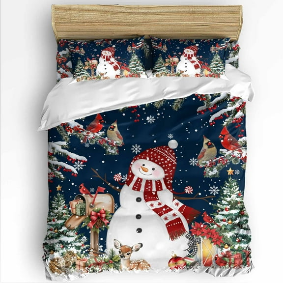 Christmas Snowman Queen Size Comforter Set, Red Snowman Berries Bird Pine Navy Blue Soft Bedding for All Seasons, 4 Pcs Bed Set with 1Comforter (90"x92") ,1 Sheet(94"x116"), 2 Pillowcases (19"x29")