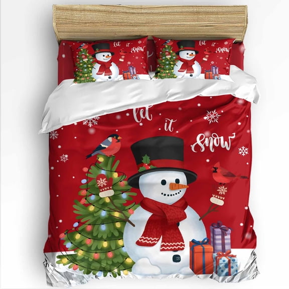Christmas Snowman Queen Size Comforter Set, Red Winter Snowman Pine Tree Bird Xmas Box Bedding for All Seasons, 4 Pcs Bed Set with 1Comforter (90"x92") ,1 Sheet(94"x116"), 2 Pillowcases (19"x29")