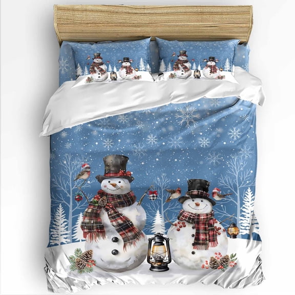 Christmas Snowman Queen Size Comforter Set, Winter Snowflakes Tree Pine Cone Blue Soft Bedding for All Seasons, 4 Pcs Bed Set with 1Comforter (90"x92") ,1 Sheet(94"x116"), 2 Pillowcases (19"x29")