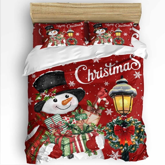 Christmas Snowman Queen Size Comforter Set, Xmas Box Winter Snow Wreaths Lights Red Soft Bedding for All Seasons, 4 Pcs Bed Set with 1Comforter (90"x92") ,1 Sheet(94"x116"), 2 Pillowcases (19"x29")
