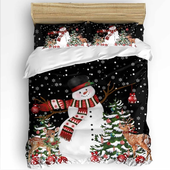 Christmas Snowman Queen Size Comforter Set, Xmas Tree Deer Black Winter Snow Scene Soft Bedding for All Seasons, 4 Pcs Bed Set with 1Comforter (90"x92") ,1 Sheet(94"x116"), 2 Pillowcases (19"x29")