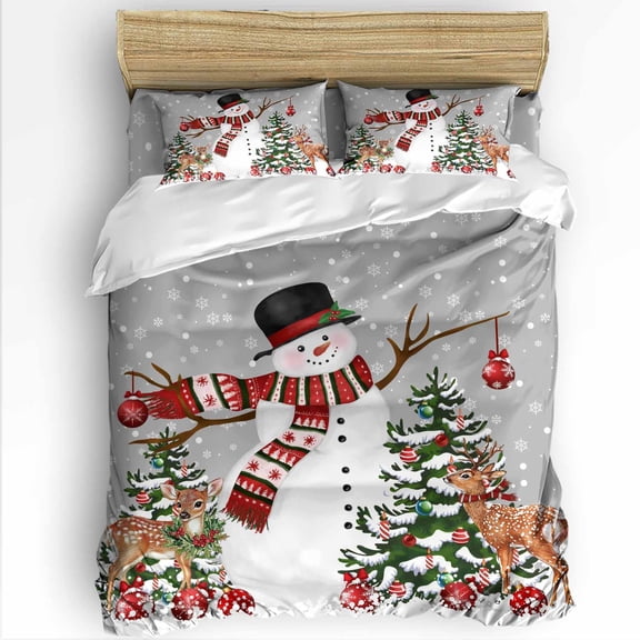 Christmas Snowman Queen Size Comforter Set, Xmas Tree Deer Grey Winter Snow Scene Soft Bedding for All Seasons, 4 Pcs Bed Set with 1Comforter (90"x92") ,1 Sheet(94"x116"), 2 Pillowcases (19"x29")