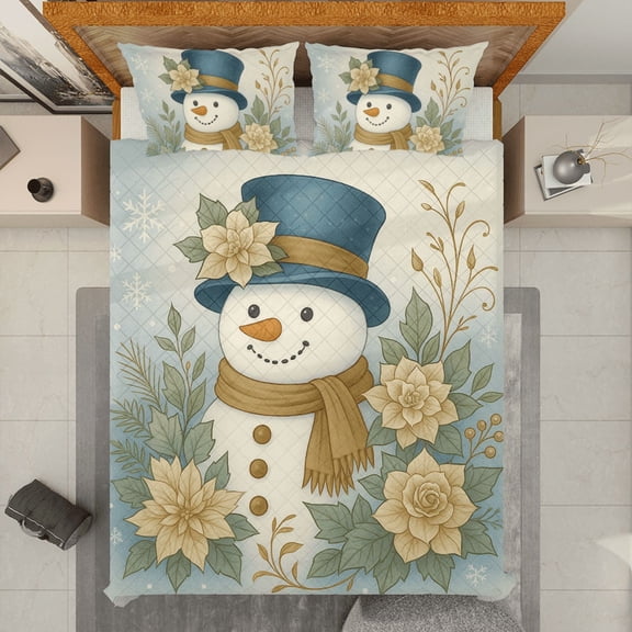 Christmas Snowman Quilt Bedding Set - Winter Holiday Quilt Blanket with Pillowcases
