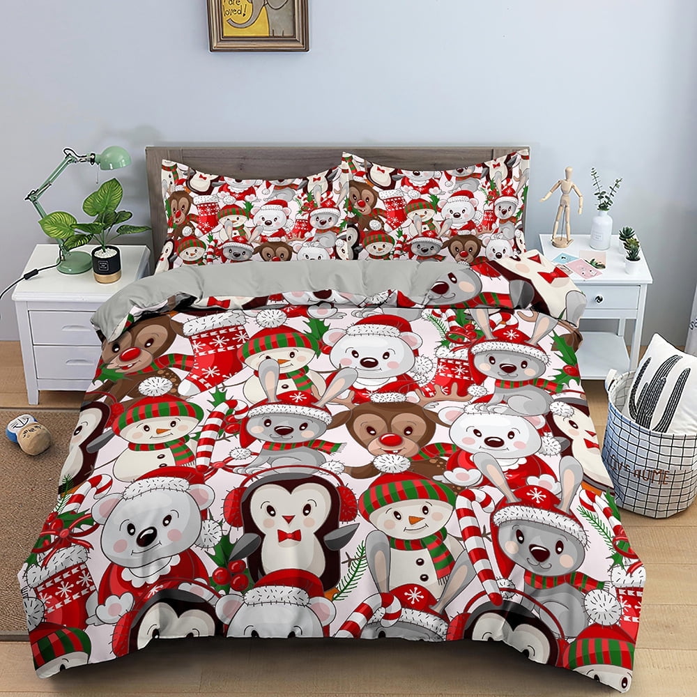 Christmas Snowman Quilt Set Queen Size Santa Claus Reindeer Xmas Tree