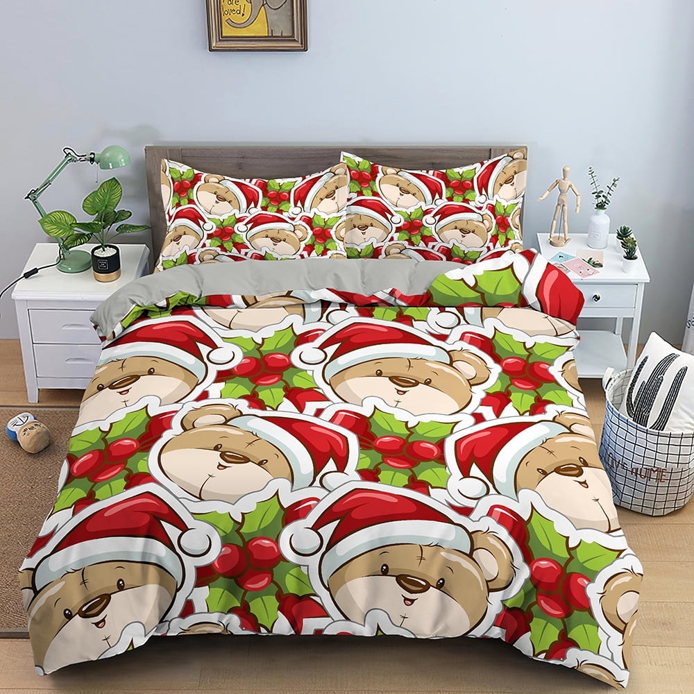 Christmas Snowman Quilt Set Queen Size Santa Claus Reindeer Xmas Tree
