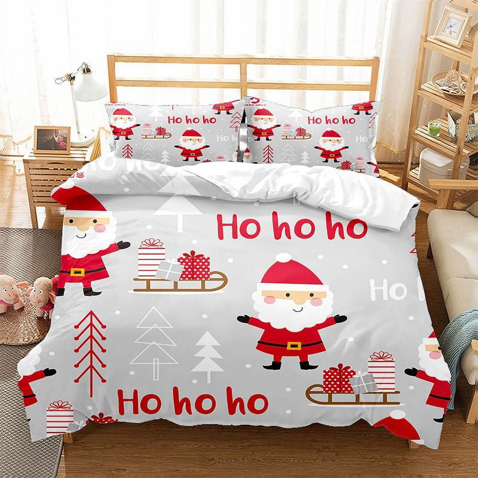 Christmas Snowman Quilt Set Queen Size Santa Claus Reindeer Xmas Tree