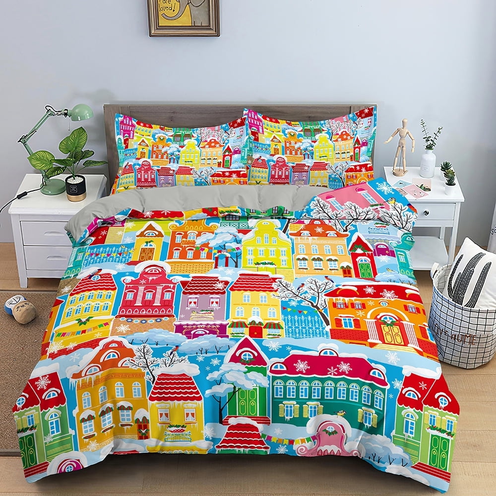 Christmas Snowman Quilt Set Queen Size Santa Claus Reindeer Xmas Tree