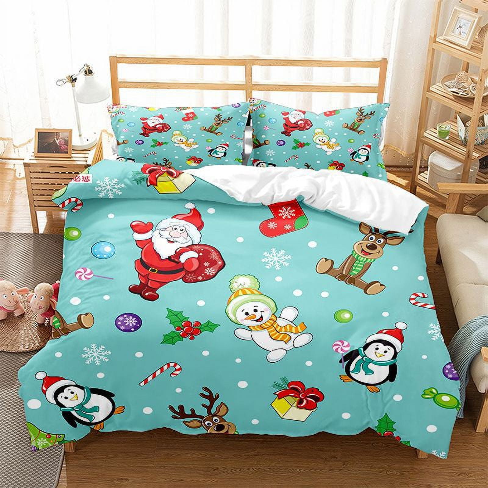 Christmas Snowman Quilt Set Queen Size Santa Claus Reindeer Xmas Tree