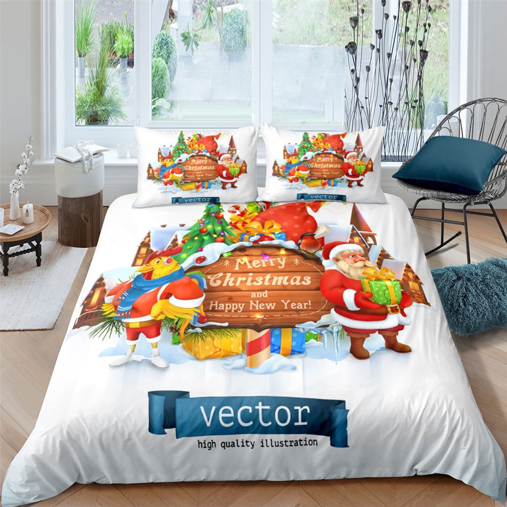 Christmas Snowman Quilt Set Queen Size Santa Claus Reindeer Xmas Tree