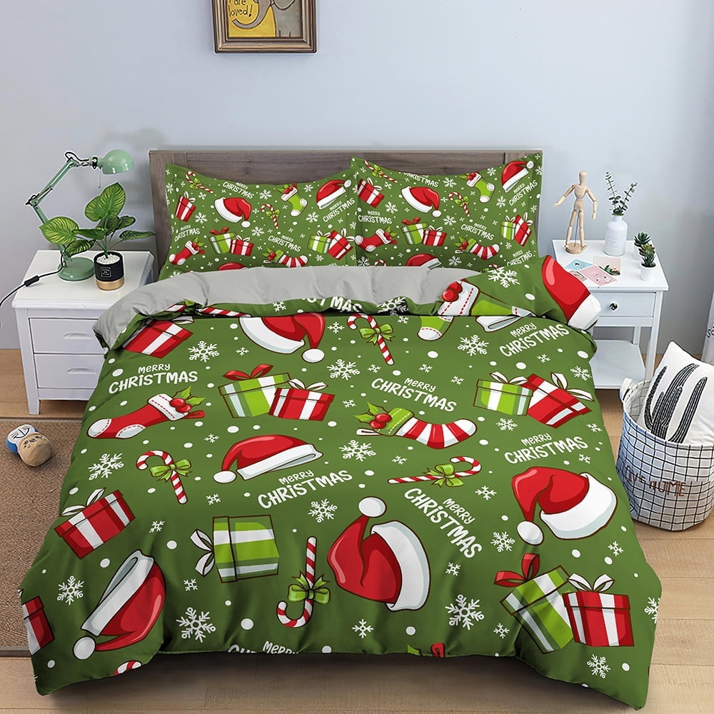 Christmas Snowman Quilt Set Queen Size Santa Claus Reindeer Xmas Tree ...