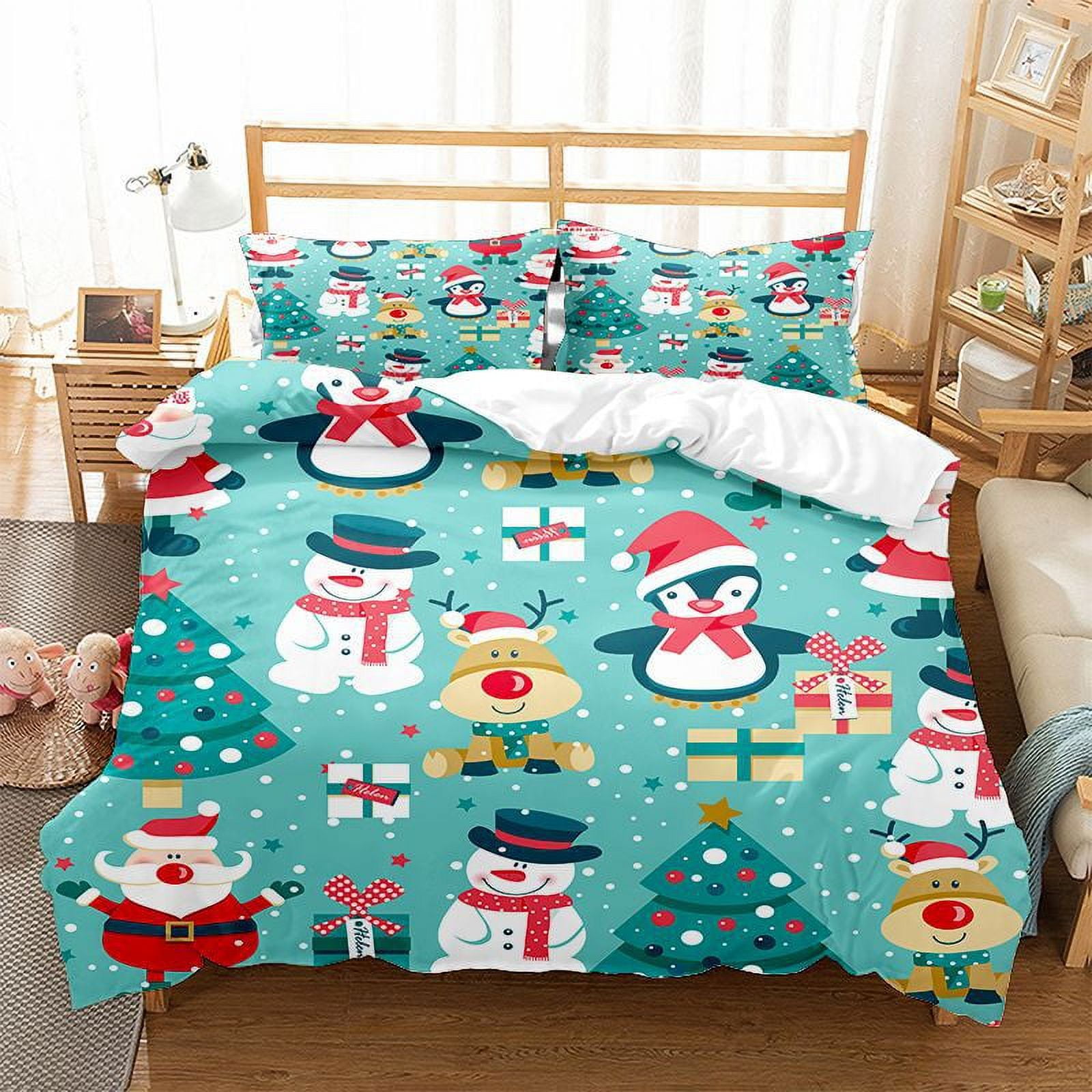 Christmas Snowman Quilt Set Queen Size Santa Claus Reindeer Xmas Tree