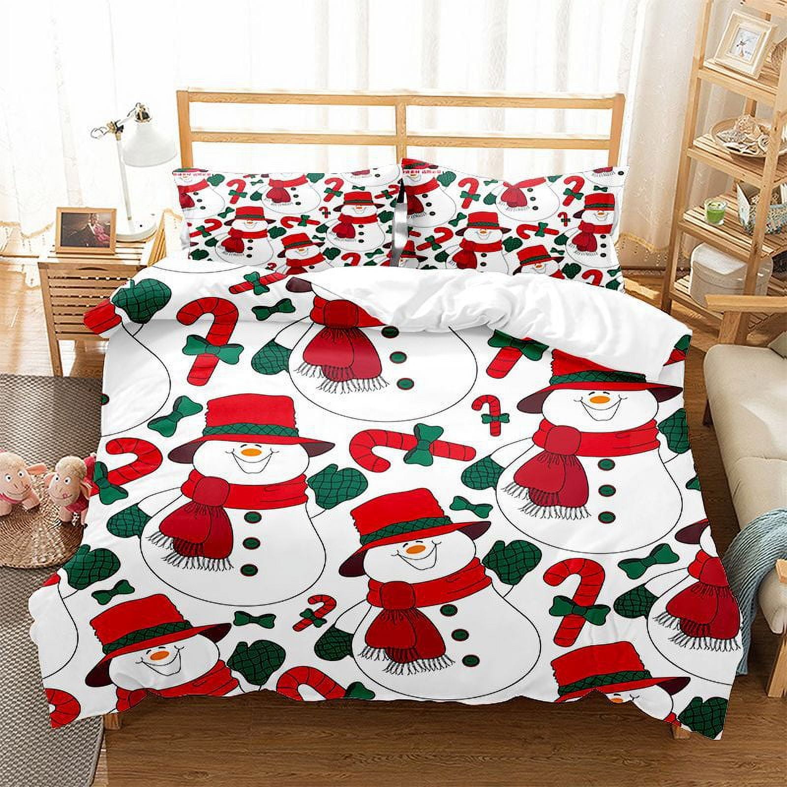 Christmas Snowman Quilt Set Queen Size Santa Claus Reindeer Xmas Tree