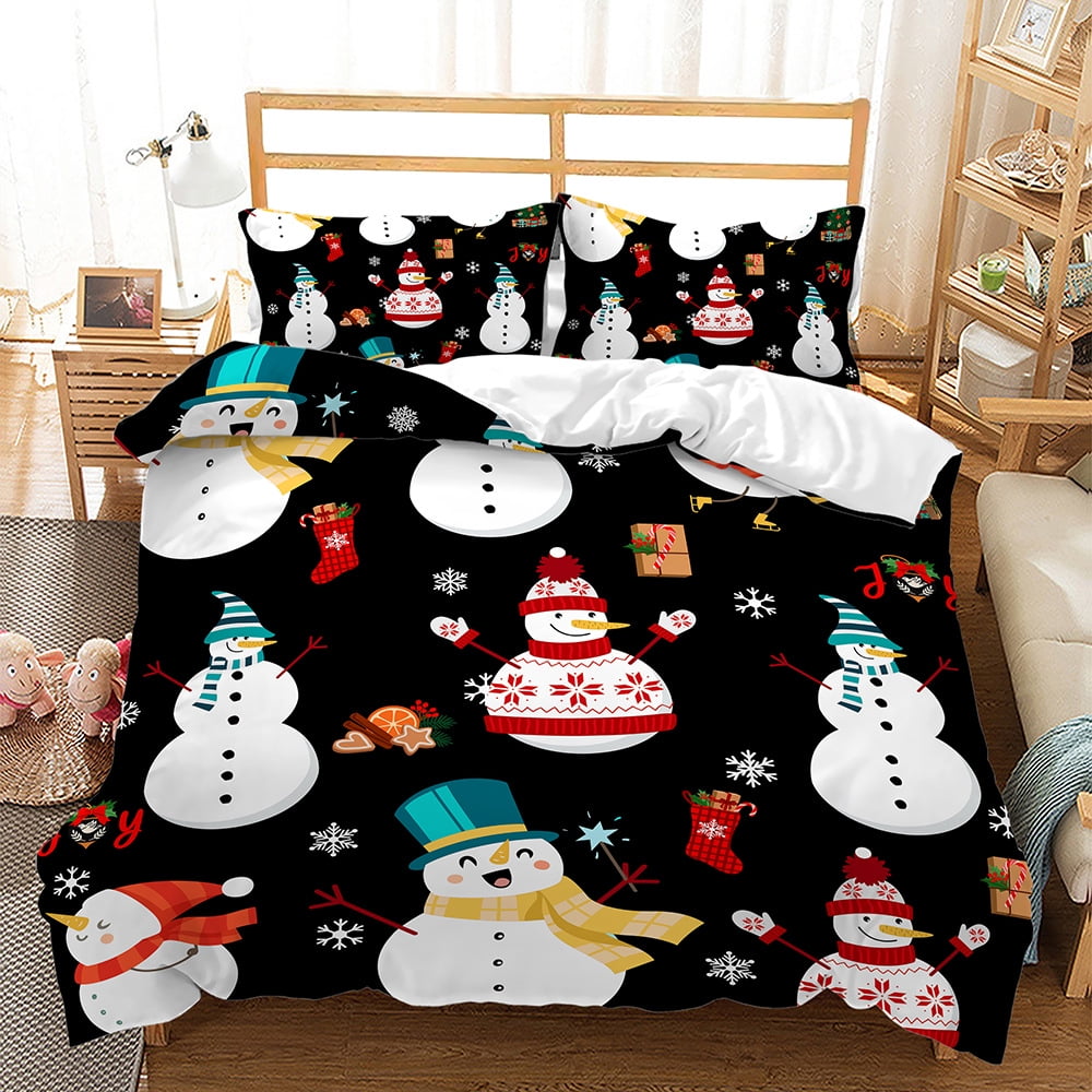 Christmas Snowman Quilt Set Queen Size Santa Claus Reindeer Xmas Tree