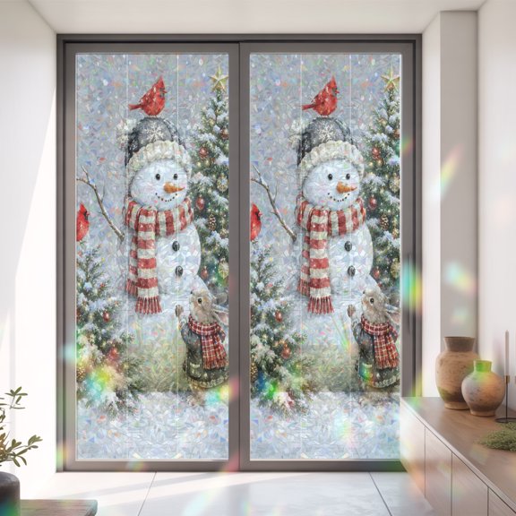 Christmas Snowman Rabbit Fox Window Privacy Film,Decorative Windows Static Cling Winter Xmas Trees Red Bird Heat Control Removable Glass Sticker for Home Bathroom Bedroom Window Door,35.4x78.7in