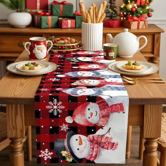 Christmas Snowman Red Black Buffalo Plaid Table Runner 13x36in Non-Slip Cotton Linen Table Runners, Snowflakes Seamless Dresser Scarves TableRunner for Dinner Kitchen Dining Wedding Party