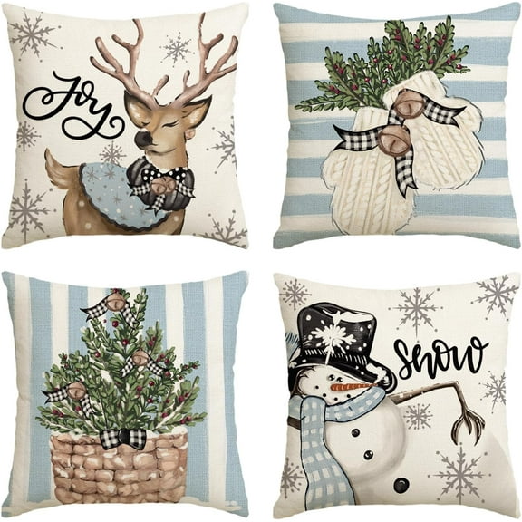 Christmas Snowman Reindeer Gloves Eucalyptus Blue Throw Pillow Covers, 18 x 18 Inch Winter Holiday Stripes Cushion Case Decoration for Sofa Couch Set of 4