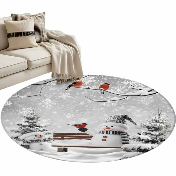 Christmas Snowman Round Area Rug 3.3ft Xmas Tree Snowflake Bird Winter ...