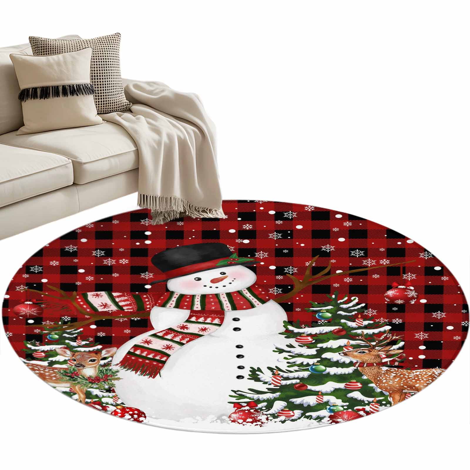 Christmas Snowman Round Area Rug 3ft Xmas Tree Deer Winter Snow Red ...