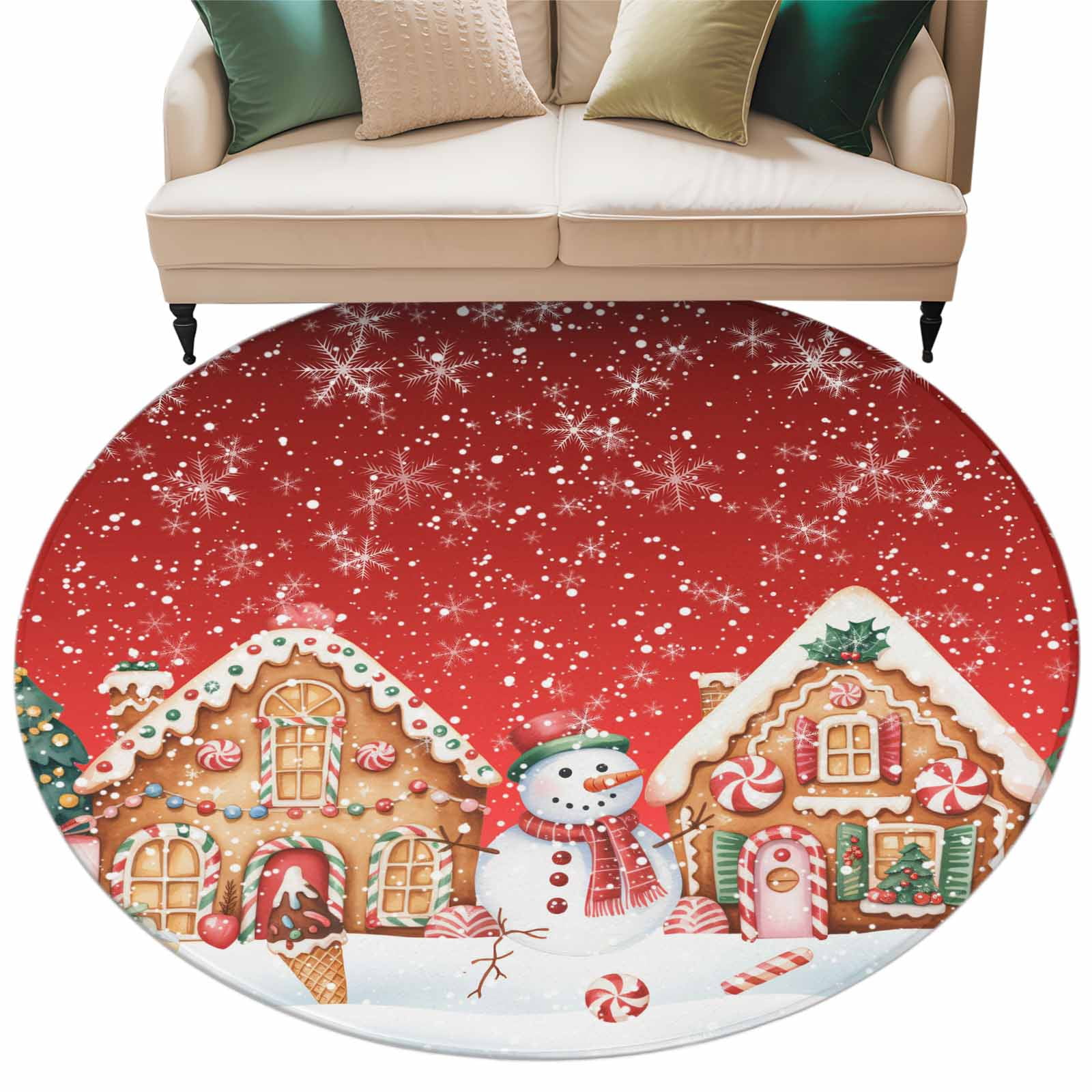 Christmas Snowman Round Area Rug 5ft Gingerbread House Candy Winter ...