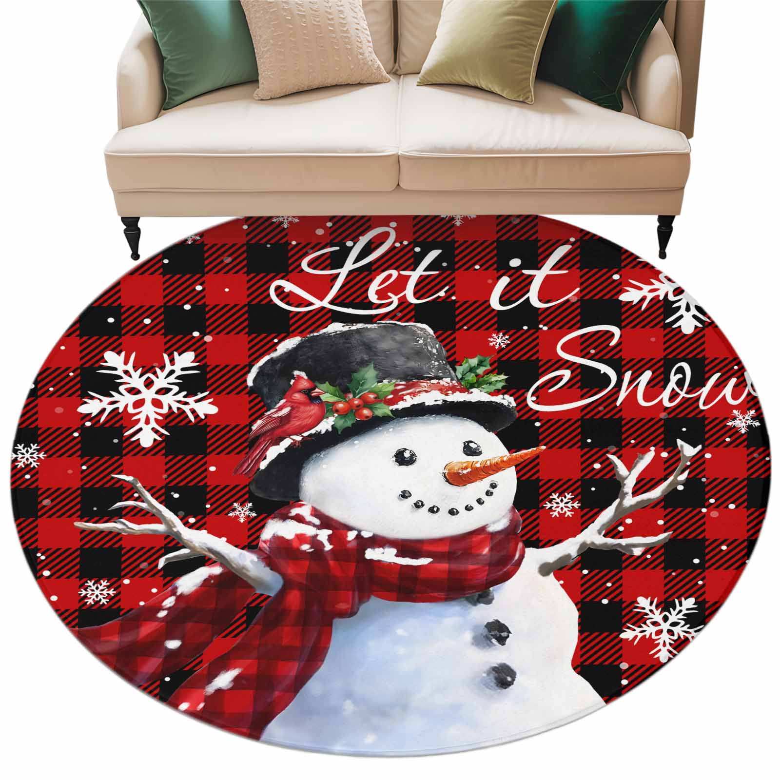 Round Blue Snowflake Rug Christmas Snowman Round Area Rug 5ft Snowflake Berry Non-Slip Washable ...