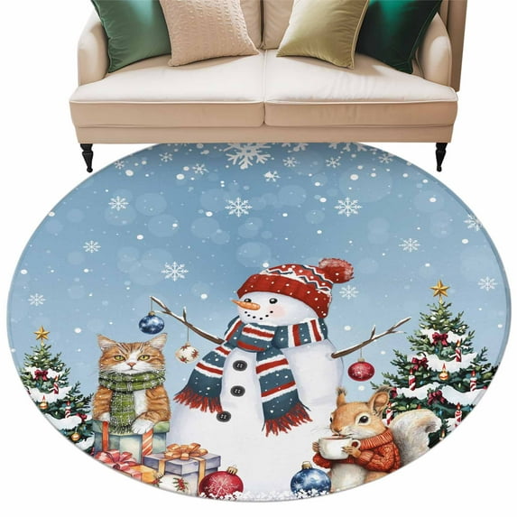 Christmas Snowman Round Area Rug 5ft Squirrel Cat Winter Tree Snowflake ...