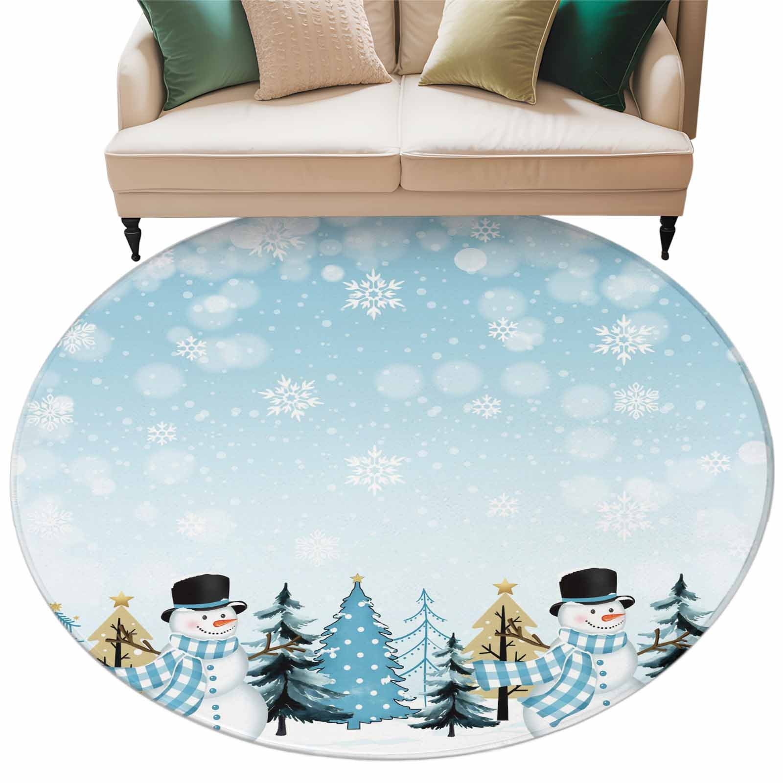 Christmas Snowman Round Area Rug 5ft Winter Snowflakes Tree Blue White ...