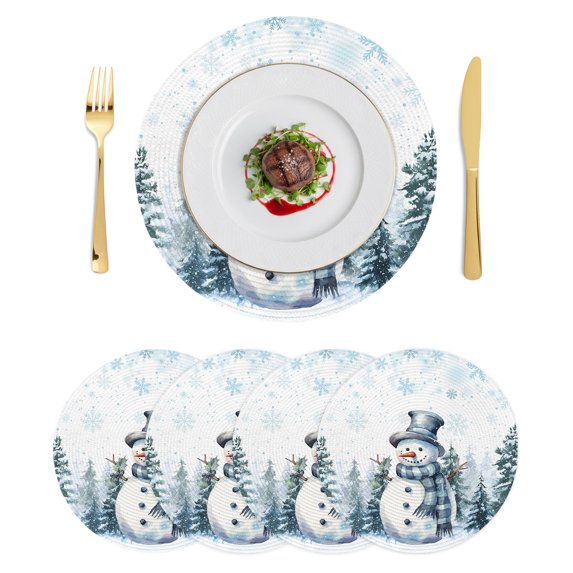 Christmas Snowman Round Placemats Set of 4, Braided Polypropylene Place Mats, Blue Snowflake Xmas Tree Washable Table Mats for Kitchen Dinner Holiday Wedding Party Coffee Table Decoration 13"