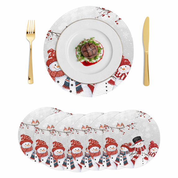 Christmas Snowman Round Placemats Set of 6, Braided Polypropylene Place Mats, Xmas Berry Snowflake Birds Washable Table Mats for Kitchen Dinner Holiday Wedding Party Coffee Table Decoration 15"