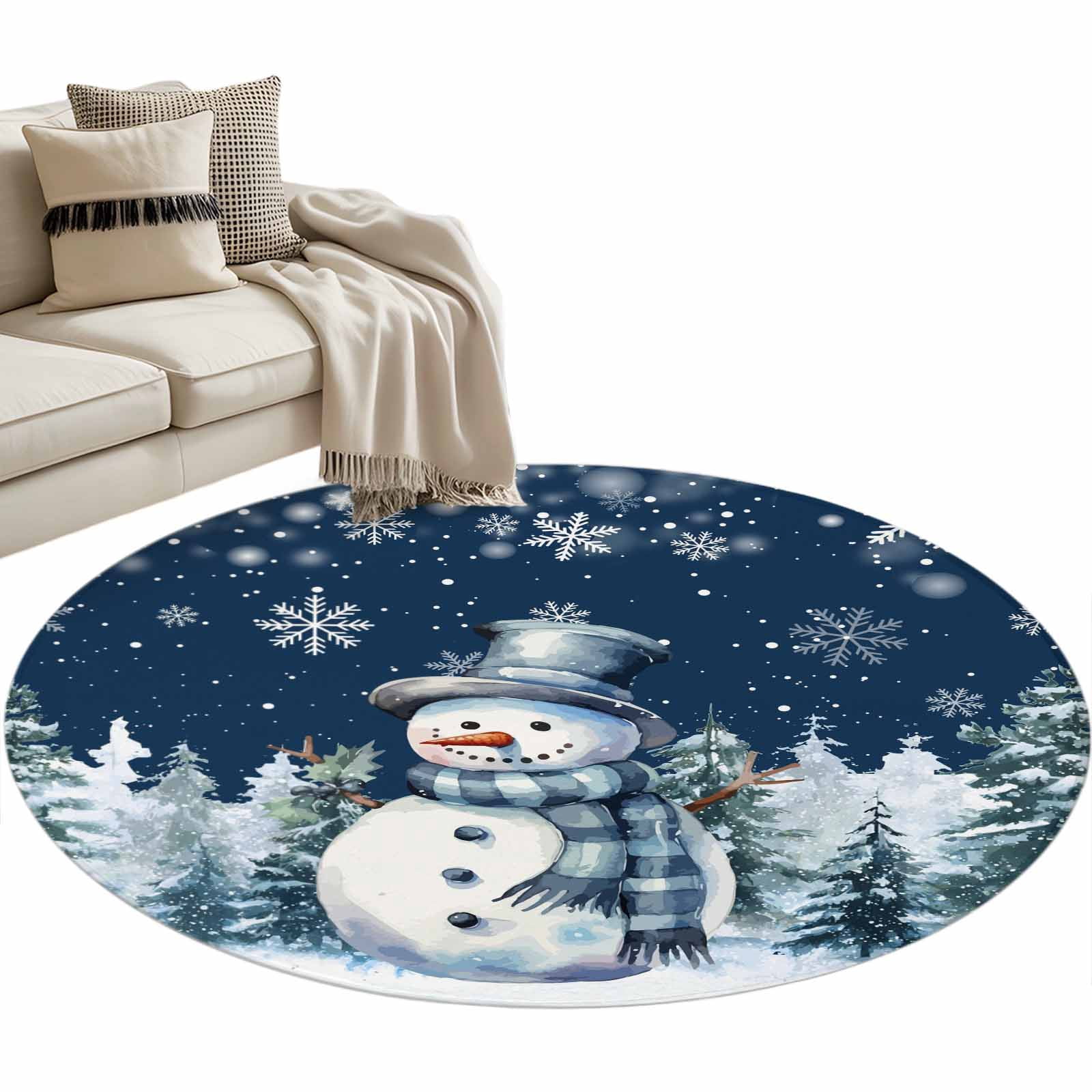 Round Blue Snowflake Rug Christmas Snowman Round Rug 3ft Area Rug Washable Soft Non-Slip 3 ...