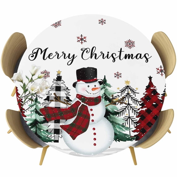 Christmas Snowman Round Tablecloth, Fitted Table Cover with Elastic for 45"-54" Round Tables, Plaid Xmas Tree Winter Snowflake Table Cloth Outdoor Indoor Dinning Party Waterproof Tablecloths