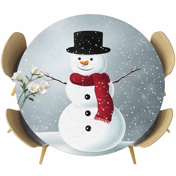 Christmas Snowman Round Tablecloth, Fitted Table Cover with Elastic for 55"-60" Round Tables, Winter Xmas Snows Scenery Table Cloth Outdoor Indoor Dinning Party Waterproof Tablecloths