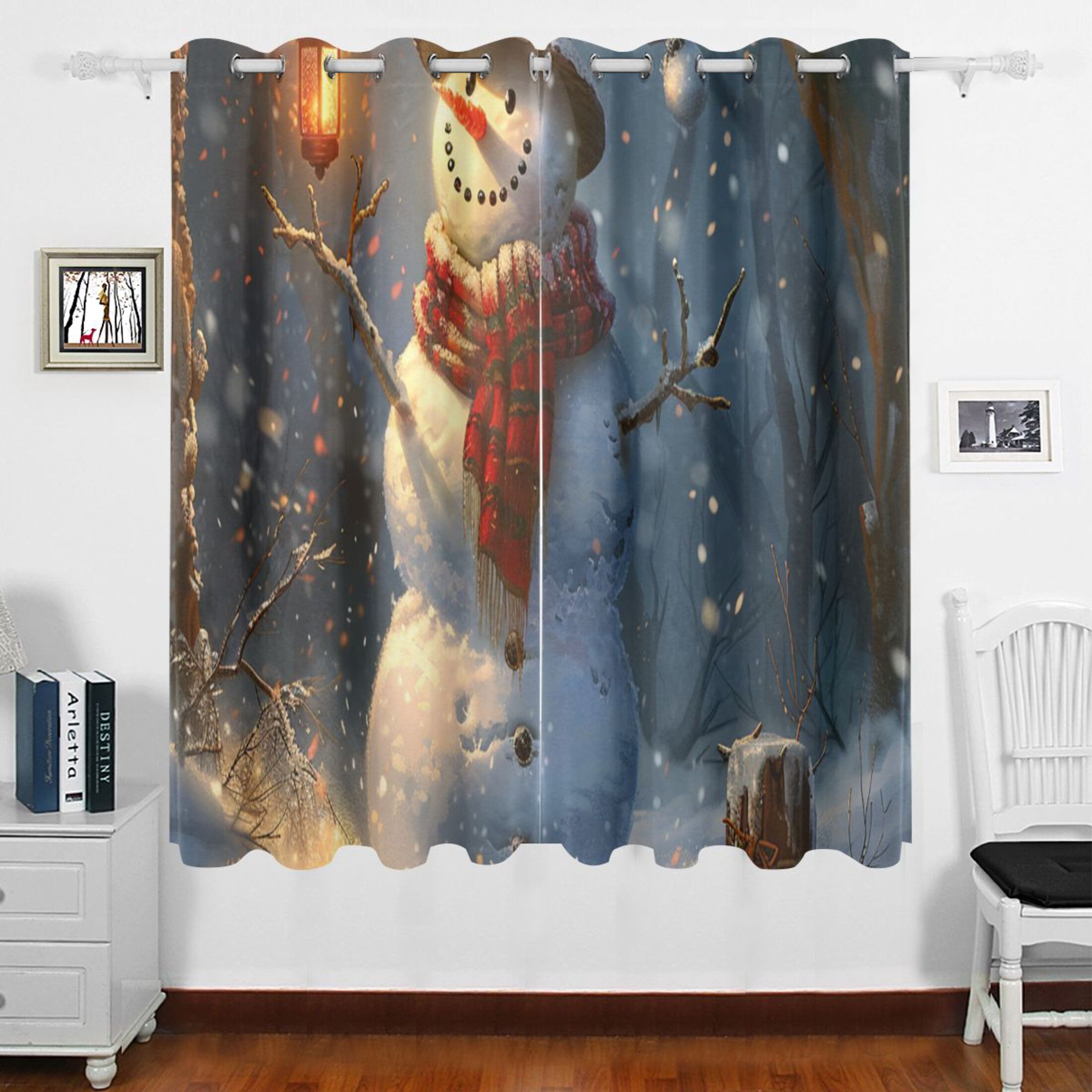 Christmas Snowman with Scarf and Hat Forest Window Curtains Polyester Drapes with Grommets Light