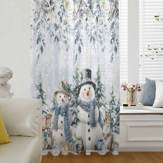 Christmas Snowman Semi Sheer Curtains Drapes for Living Room, Bedroom, French Doors Window 54 Inches Long, Xmas Eucalyptus Botanical Trees Rod Pocket Chiffon Curtain Drapery Voile Draperies Panel