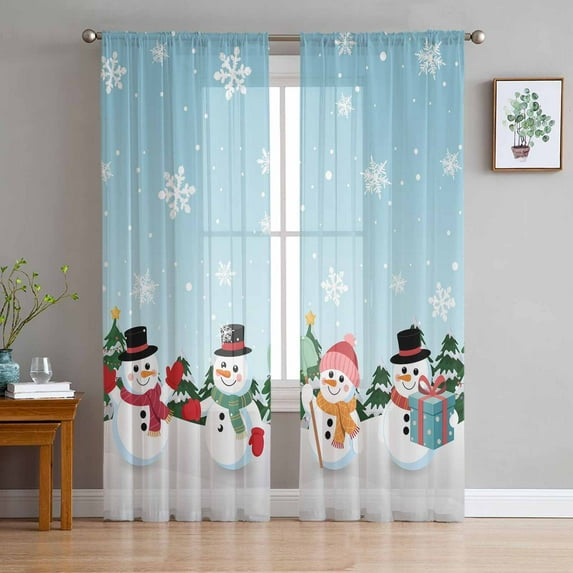 Christmas Snowman Sheer Curtains 108 Inches Long, Teal Blue Xmas Tree Winter Snowflakes Light Filtering Window Curtains for Living Room, Rod Pocket Voile Sheer Curtain Drapes, 52"Wx108"L, 2 Panels