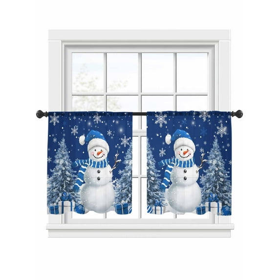 Christmas Snowman Sheer Curtains 45 inches Long, Snowman Xmas Tree Snowflakes Navy Blue Light Filtering Sheer Window Curtains Rod Pocket Voile Drapes for Bedroom Living Room, 2 Panels 52"W x 45"L
